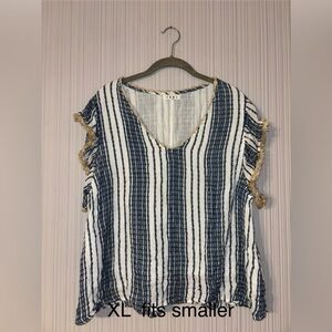 THML Blue and White Striped Blouse with Tan Accents